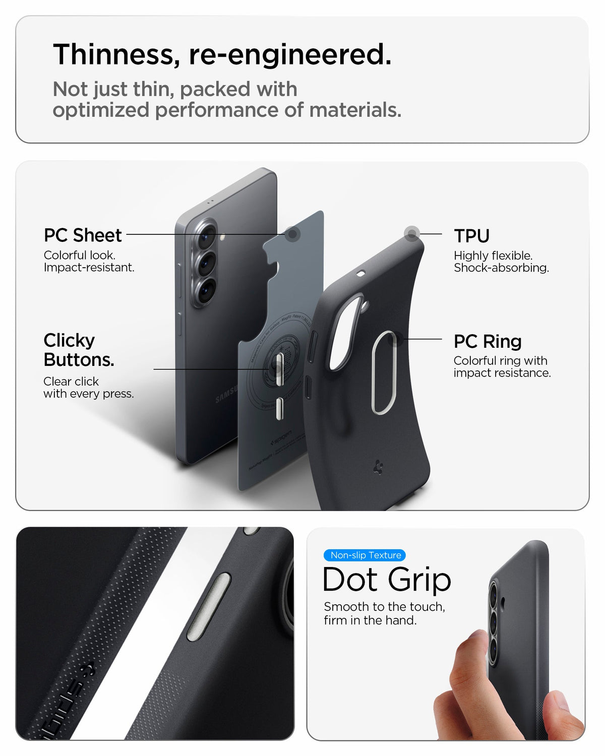 ACS11066 - Galaxy S26 Nano Pop (Mag Fit) in Black Sesame showing thinness re-engineered. not just thin packed with optimized performance of materials