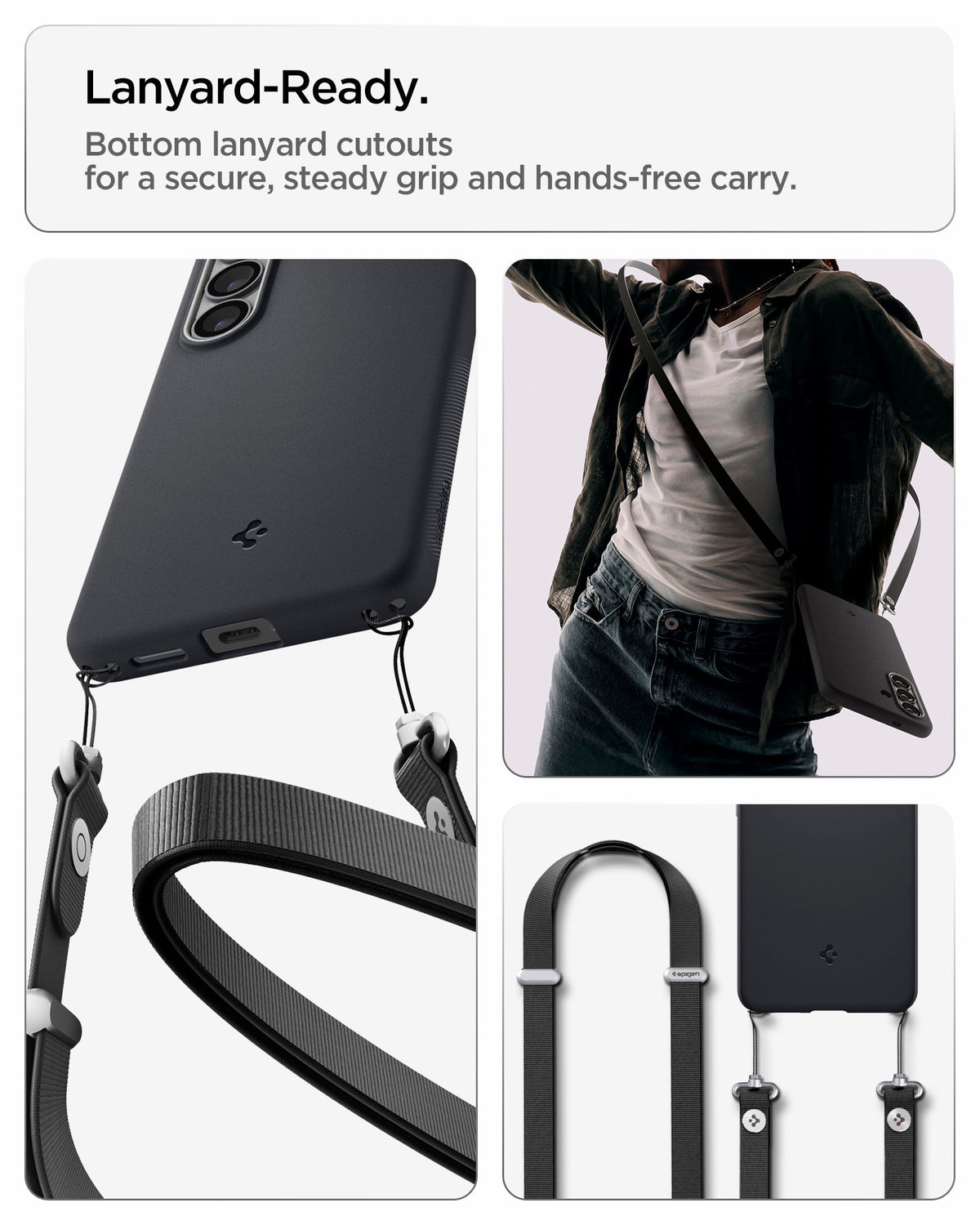 ACS11066 - Galaxy S26 Nano Pop (Mag Fit) in Black Sesame showing lanyard ready. Bottom lanyard cutouts for a secure steady grip and hands free carry