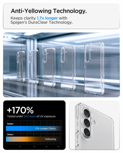 ACS11060 - Galaxy S26 Case Ultra Hybrid Crystal Clear showing anti yellowing technology keeps clarity 1.7x longer with spigen's duraclear technology