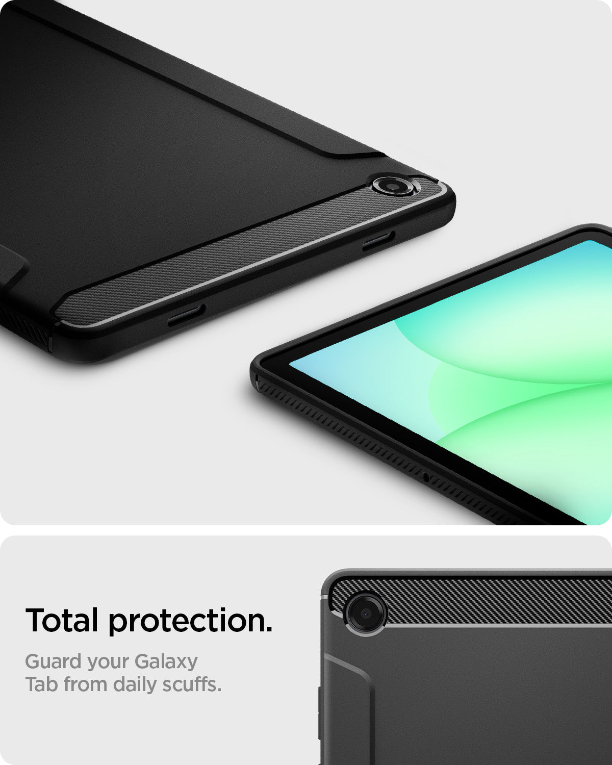 ACS10463 - Galaxy Tab A11+ Rugged Armor in Matte Black showing total protection. guard your galaxy tab from daily scuffs