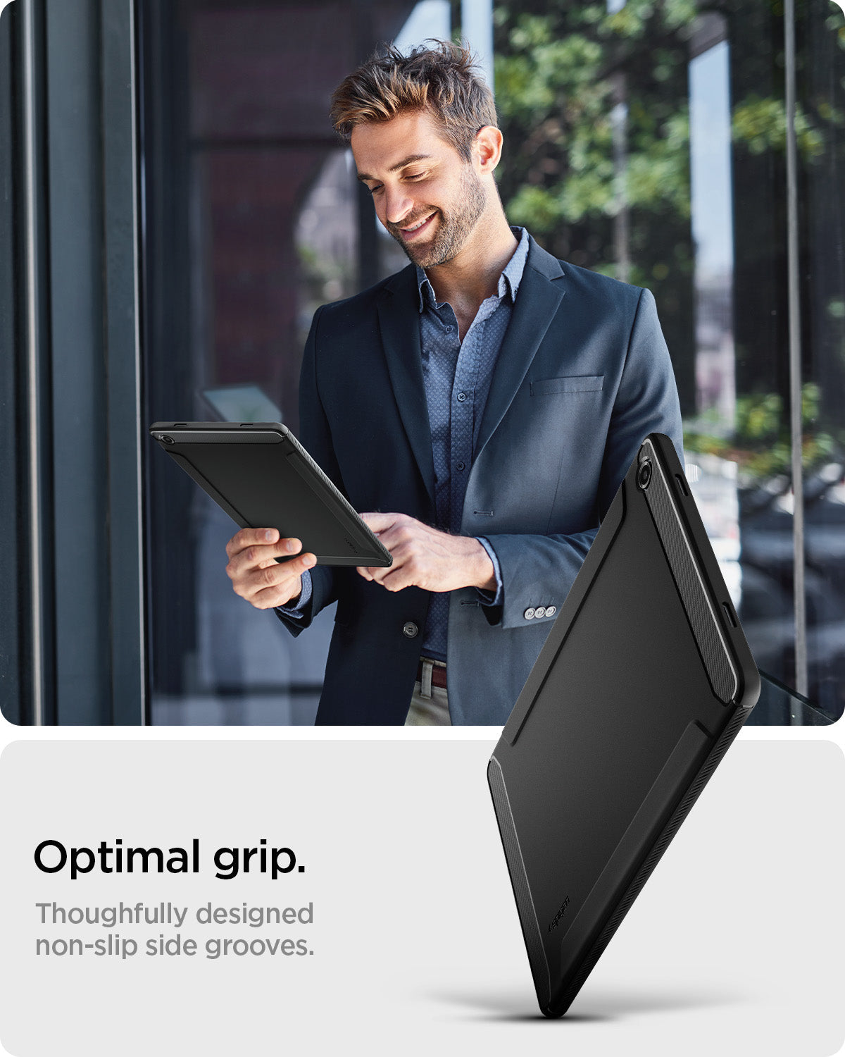 ACS10463 - Galaxy Tab A11+ Rugged Armor in Matte Black showing optimal grip. thoughfully designed non slip side grooves