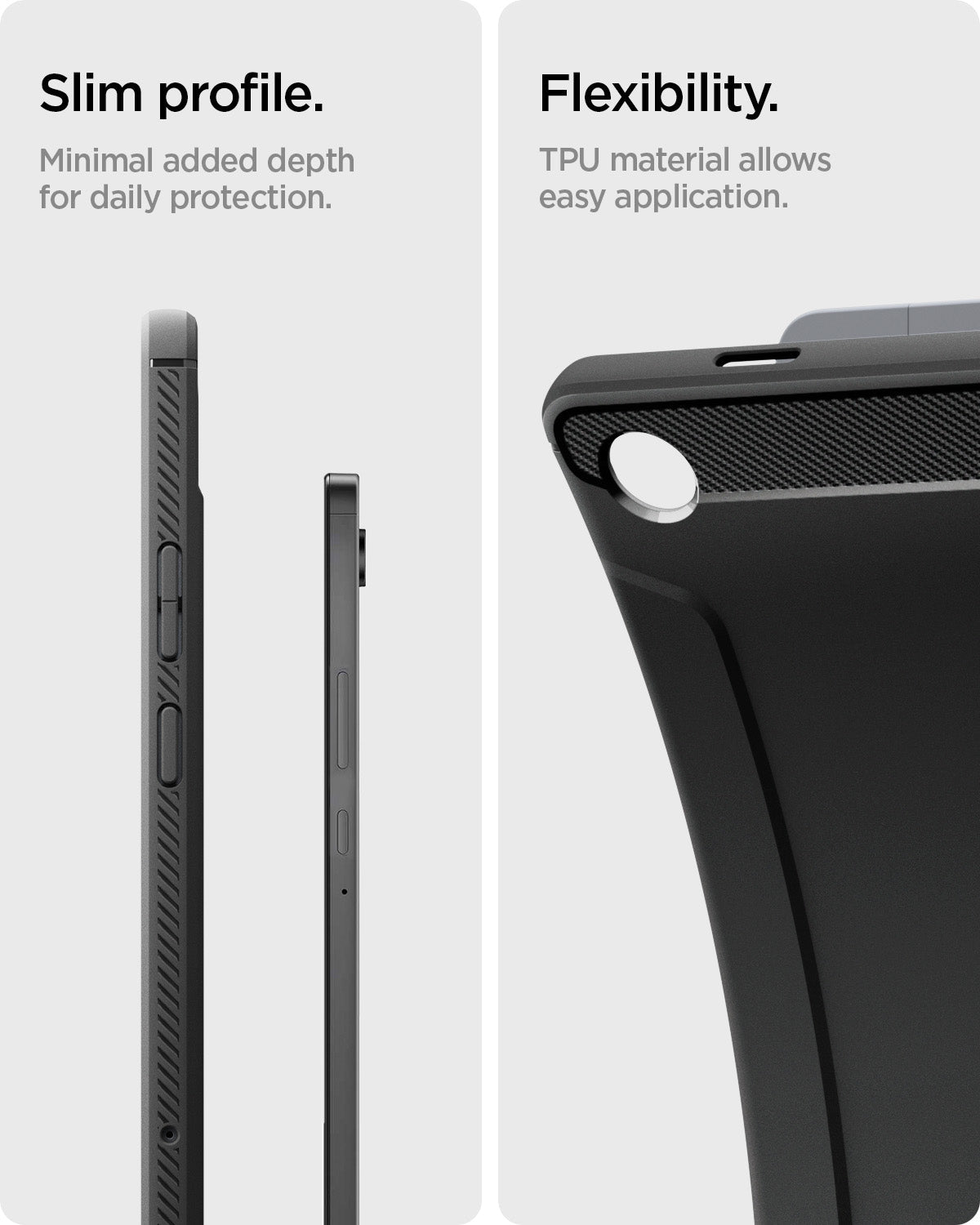 ACS10463 - Galaxy Tab A11+ Rugged Armor in Matte Black showing slim profile. minimal added depth for daily protection. flexibility. TPU material allows easy application