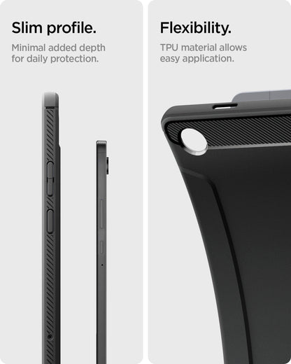 ACS10463 - Galaxy Tab A11+ Rugged Armor in Matte Black showing slim profile. minimal added depth for daily protection. flexibility. TPU material allows easy application