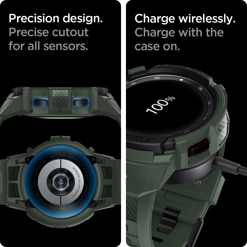 ACS04326 - Galaxy Watch 4 Classic (46mm) Case Rugged Armor Pro in military green charge wirelessly. Charge on with the case on. Precision design. Precise cutout for all sensors.