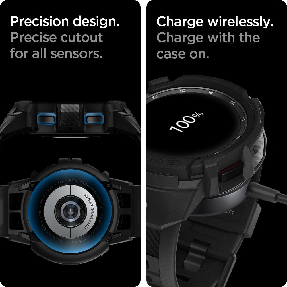 ACS03832 - Galaxy Watch 4 Classic (46mm) Case Rugged Armor Pro in black charge wirelessly. Charge on with the case on. Precision design. Precise cutout for all sensors.