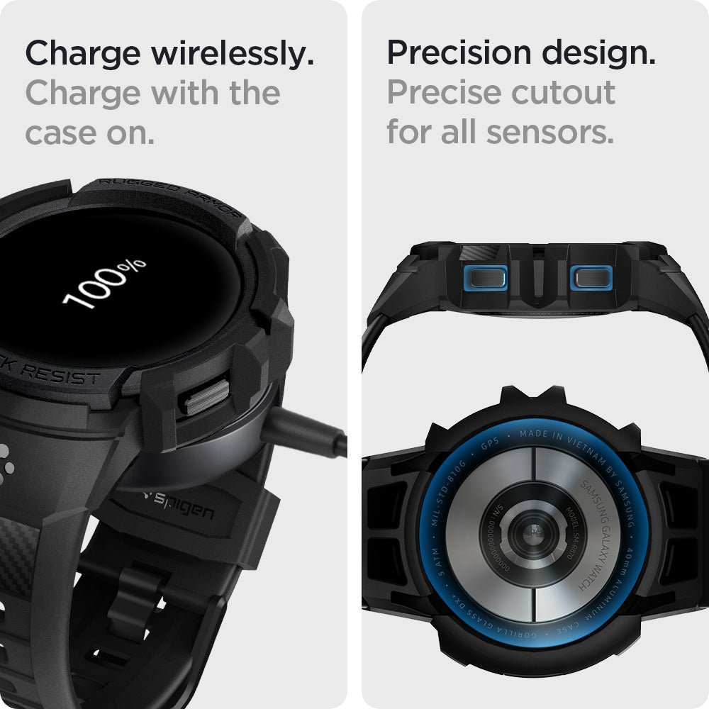 ACS03831 - Galaxy Watch 5/4 (40mm) Case Rugged Armor Pro in black charge wirelessly. Charge on with the case on. Precision design. Precise cutout for all sensors.