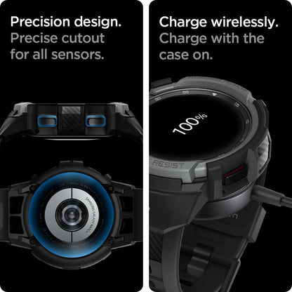 ACS03653 - Galaxy Watch 4 Classic (42mm) Case Rugged Armor Pro in charcoal gray charge wirelessly. Charge on with the case on. Precision design. Precise cutout for all sensors.