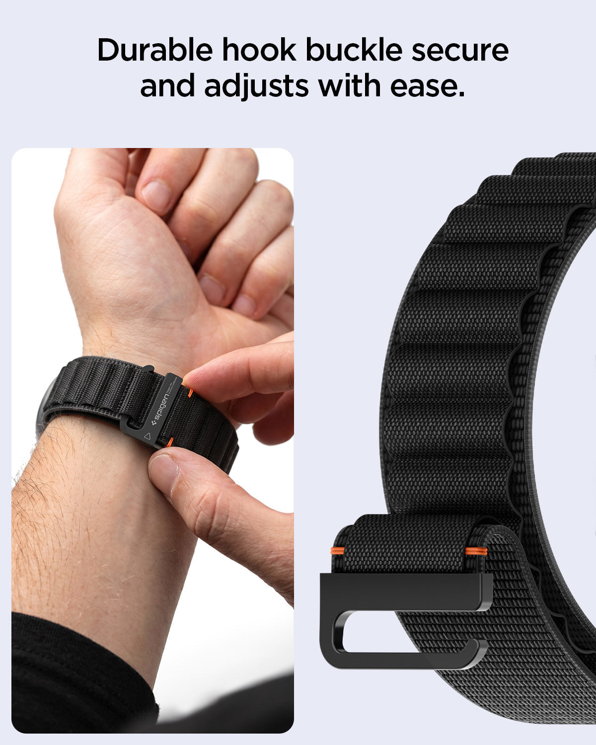 AMP11607 - Galaxy Watch 9 Series WBF1 showing hands adjusting the Galaxy Watch 9 band hook buckle on a wrist and a close-up of the buckle