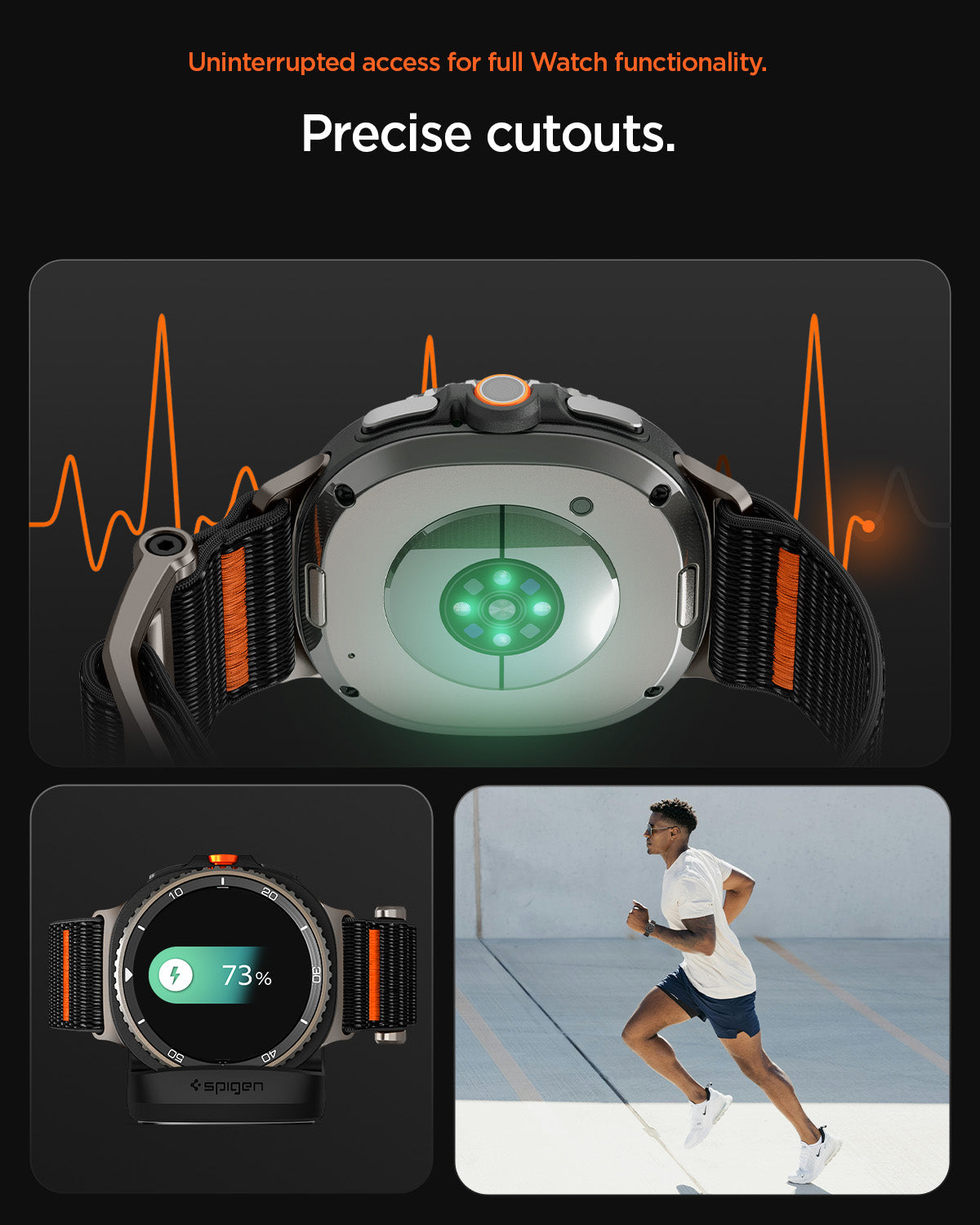 AMP10116 - Galaxy Watch 9 Series DuraPro Flex band in black showing the precise cutouts for uninterrupted watch functionality