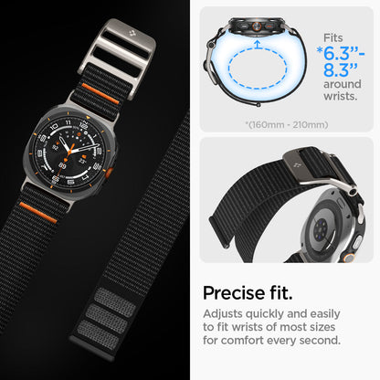 AMP08773 - Galaxy Watch Ultra DuraPro Flex in Black fits 6.3"-8.3" around wrists. 160mm-210mm Precise fit. adjusts quickly and easily to fit wrists of most sizes for comfort every second.
