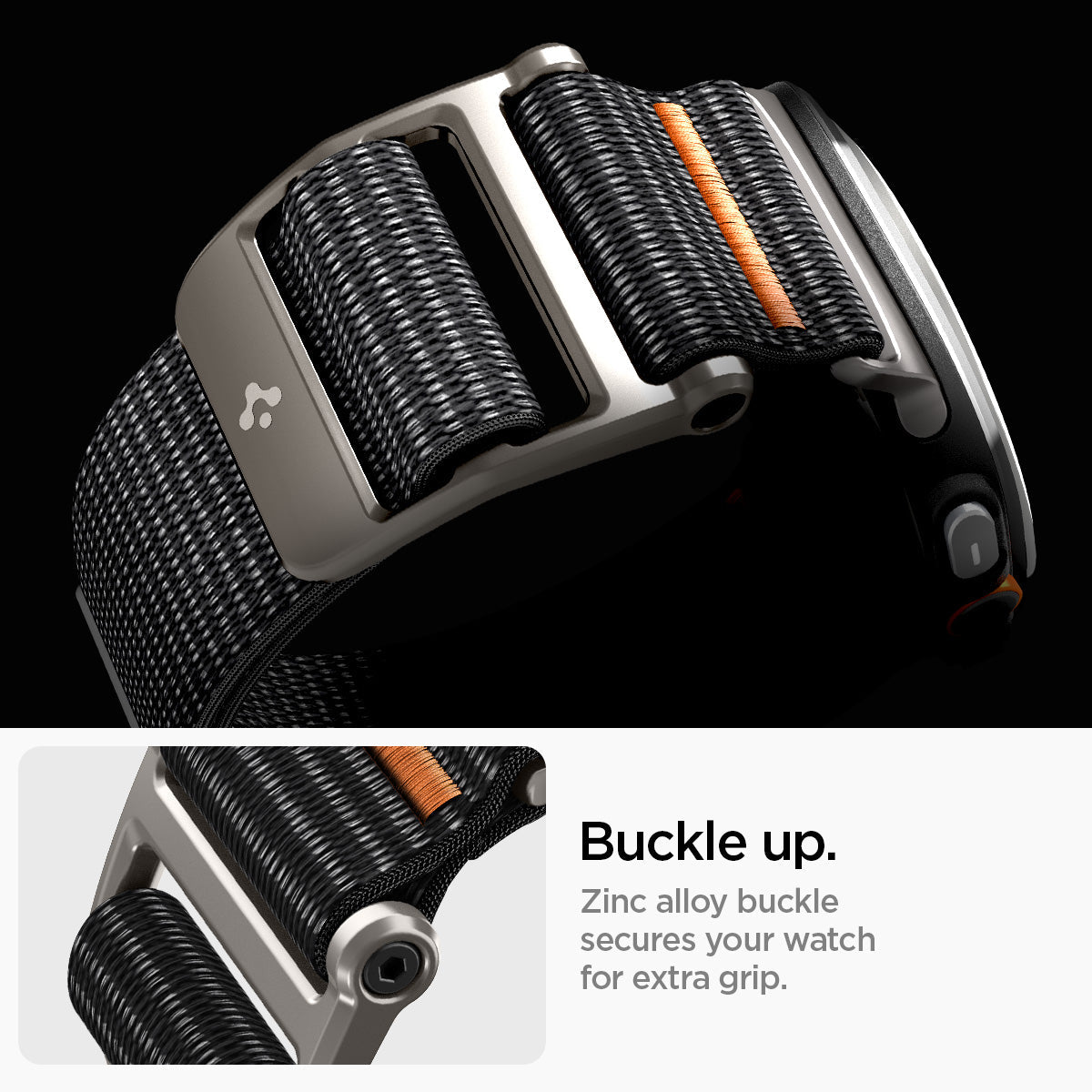 AMP08773 - Galaxy Watch Ultra DuraPro Flex in Black buckle up. Zinc alloy buckle secures your watch for extra grip.