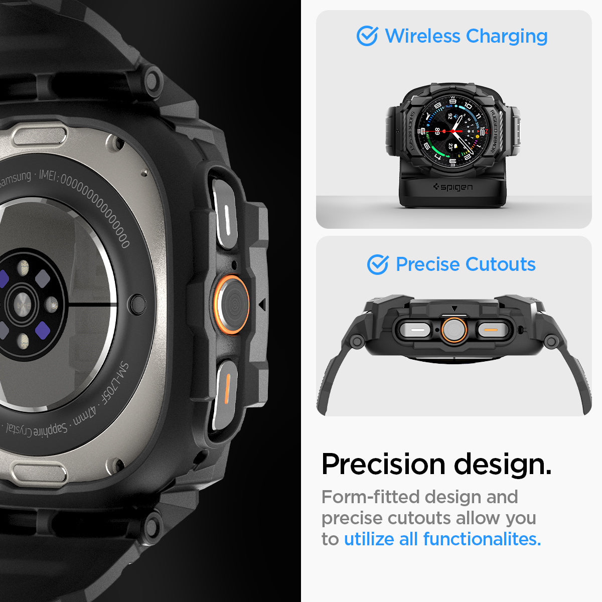 ACS08427 - Galaxy Watch Ultra (47mm) Rugged Armor Pro in Matte Black wireless charging. power share. precision design. Form fitted design and precise cutouts allow you to utilize all functionalites.