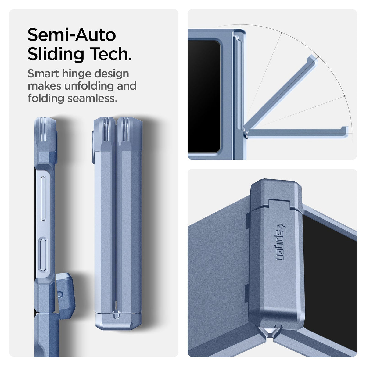 ACS09808 - Galaxy Z Flip 7 FE Series Tough Armor Pro (MagFit) in Sierra Blue showing semi auto sliding tech. Smart hinge design makes unfolding and folding seamless.