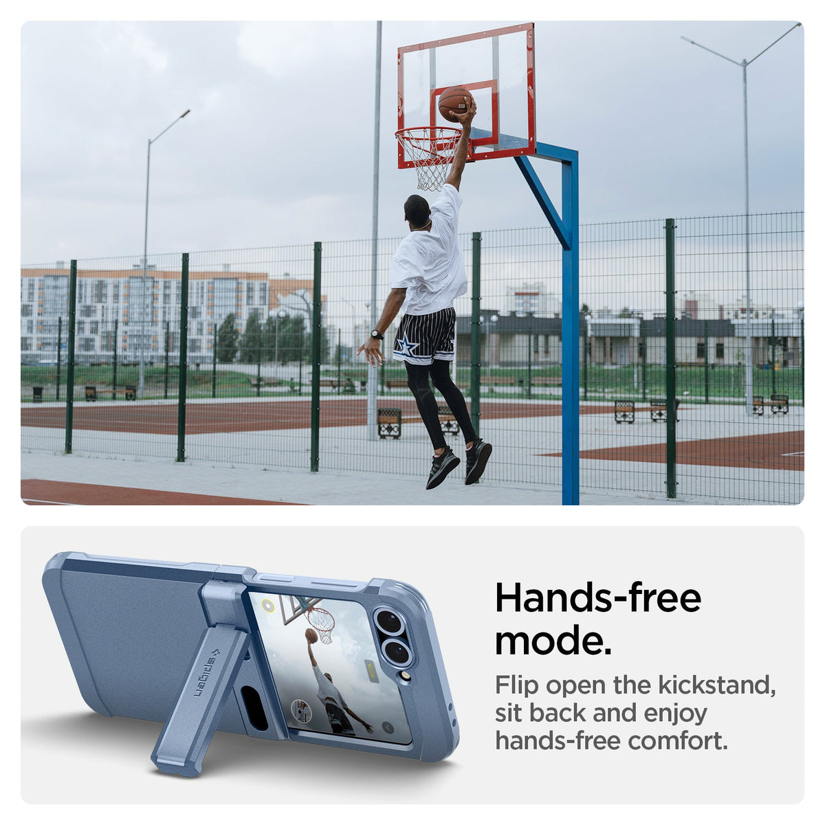 ACS09808 - Galaxy Z Flip 7 FE Series Tough Armor Pro (MagFit) in Sierra Blue showing the hands-free mode. Flip open the kickstand, sit back and enjoy hands-free comfort.