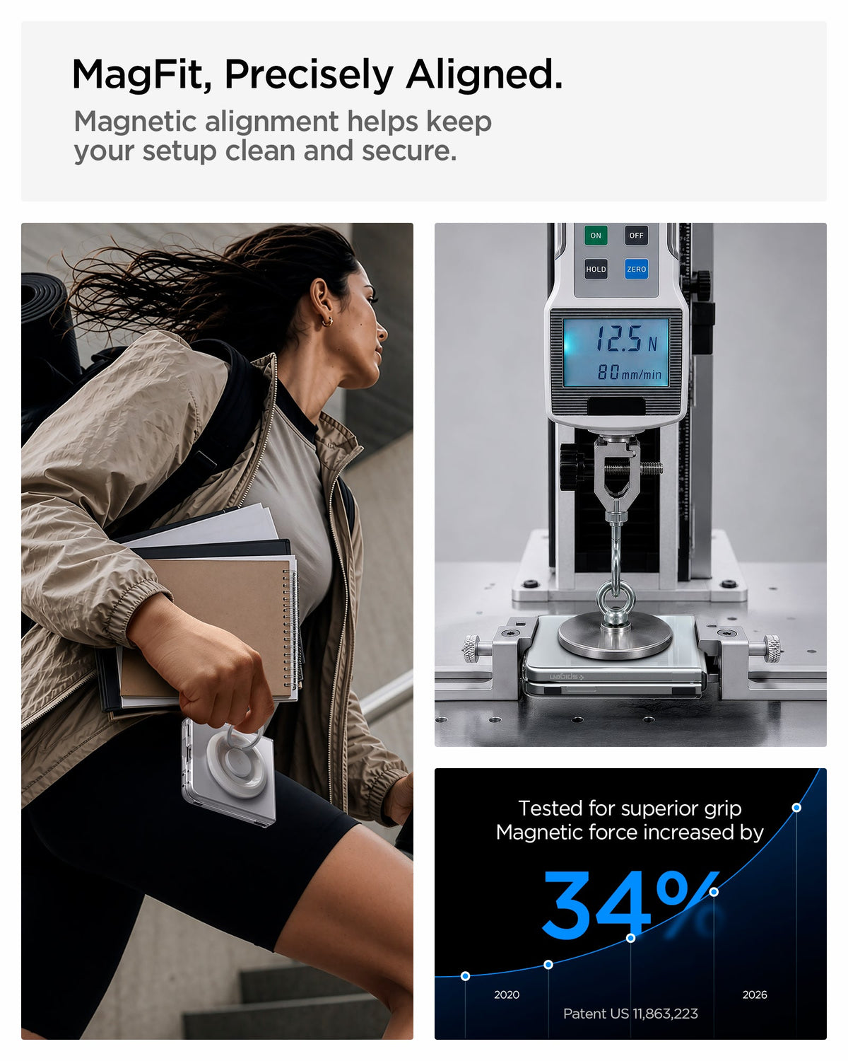 ACS11516 - Galaxy Z Flip 8 Series - Ultra Hybrid Pro Neo One (Mag Fit) showing a person carrying the case and a force gauge testing magnetic grip