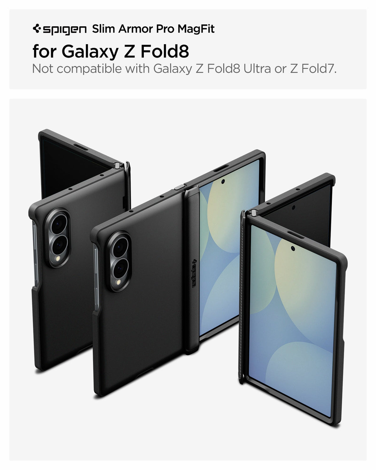 ACS11557 - Galaxy Z Fold 8 Slim Armor Pro (Mag Fit) Black showing the Slim Armor Pro MagFit product title graphic for Galaxy Z Fold 8, alongside multiple angled views of the case in Black in folded, unfolded, and back positions