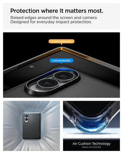 ACS11557 - Galaxy Z Fold 8 Slim Armor Pro (Mag Fit) Black showing the "Maintains a Slim Silhouette" graphic, comparing the side profile thickness of the bare Galaxy Z Fold 8 and the Spigen-cased version at 0.01mm difference, alongside a hand holding the folded case