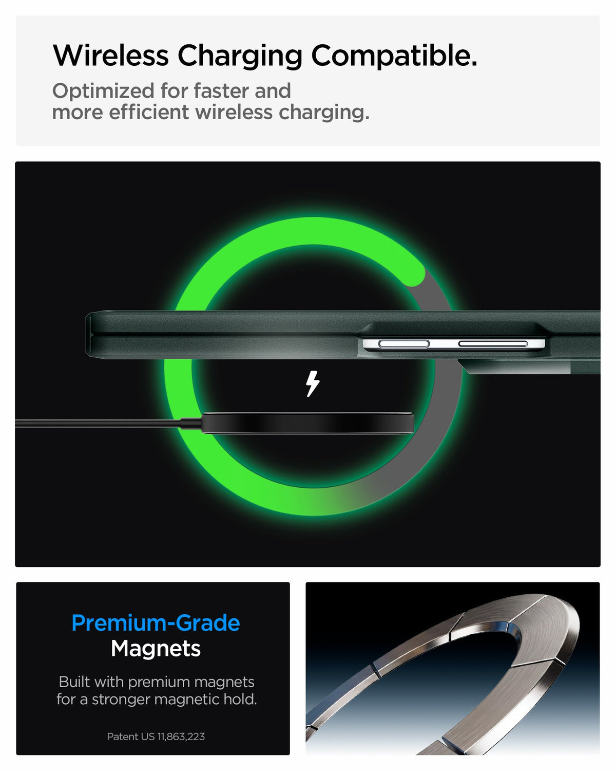 ACS11850 - Galaxy Z Fold 8 Ultra Tough Armor Pro (Mag Fit) Abyss Green showing it is wireless charging compatible. Optimized for faster and more efficient wireless charging.
