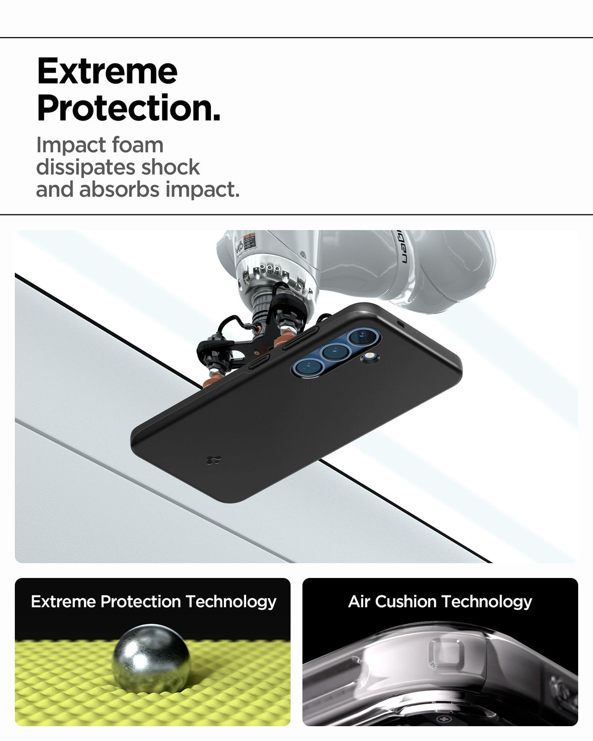 ACS08993 - Galaxy S25 Case Thin Fit (MagFit) in Black showing the extreme protection. Impact foam dissipates shock and absorbs impact. Extreme Protection Technology. Air Cushion Technology