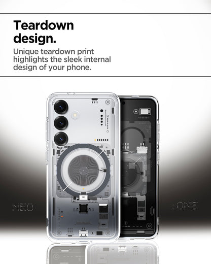 ACS09470 - Galaxy S25 Case Ultra Hybrid Metal Ring Neo One (MagFit) in Neo One teardown deign. unique teardown print highlights the sleek internal highlights the sleek internal design of your phone