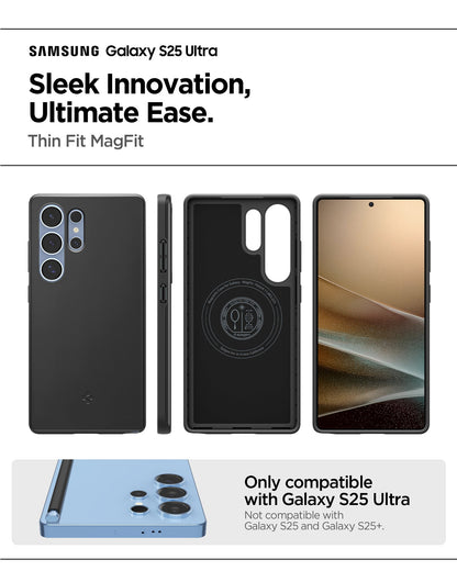 ACS08946 - Galaxy S25 Ultra Case Thin Fit (MagFit) in Black showing the compatibility. Only compatible with Galaxy S25 Ultra and not compatible Galaxy S25 and Galaxy S25+