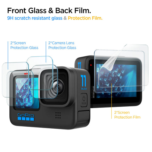 AGL03045 - HERO Series Screen Protector EZ FIT GLAS.tR showing the front glass & back film, 9H scratch resistant glass & protection film, 2*screen protection glass, 2*camera lens protection glass, 2*screen protection film