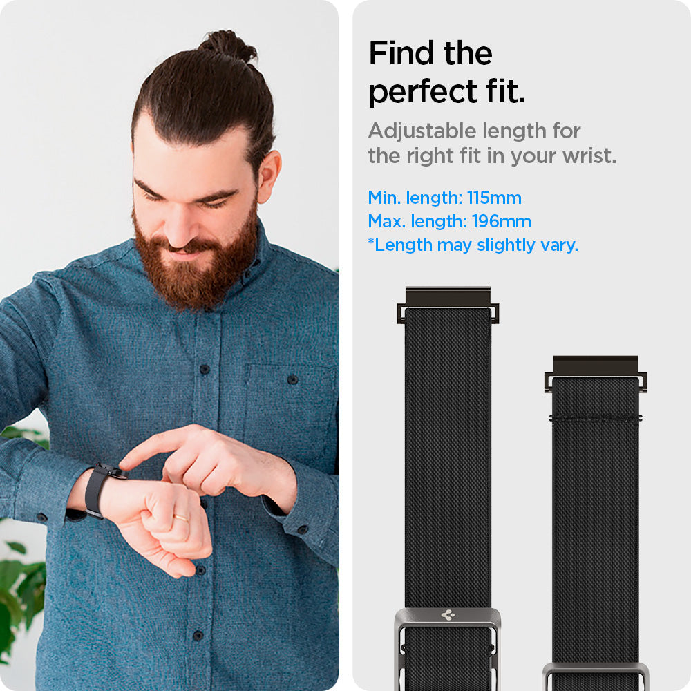 AMP04040 - Galaxy Watch Band Lite Fit (20mm) in black find the perfect fit. Adjustable length for the right fit in your wrist. Min length : 115mm Max length : 196mm Length may slightly vary.