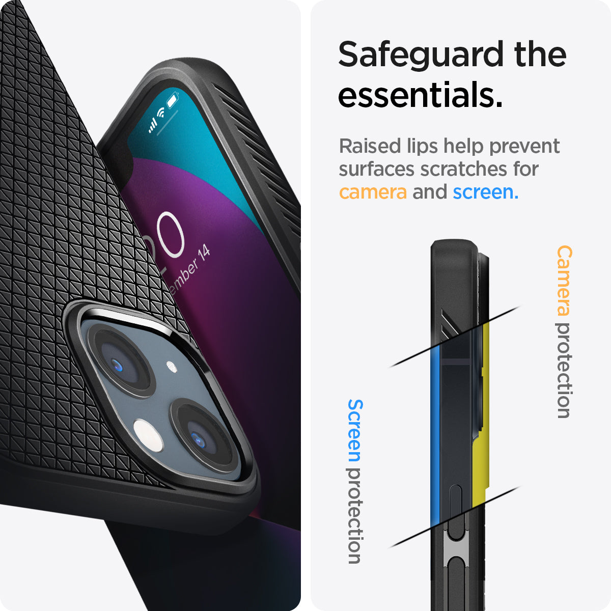 ACS03519 - iPhone 13 Case Liquid Air in black showing the raised lips help prevent surfaces scratches for camera and screen. Camera protection and Screen protection