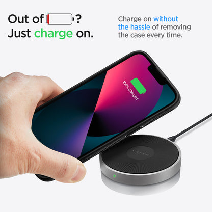 ACS03519 - iPhone 13 Case Liquid Air in black showing charge on without the hassle of removing the case every time