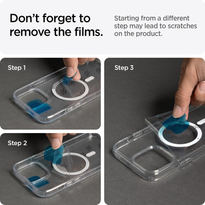 ACS04086 - iPhone 13 Case Ultra Hybrid Mag Safe Compatible in carbon fiber showing starting from a different step may lead t scratches on the product. Don't forget to remove the films
