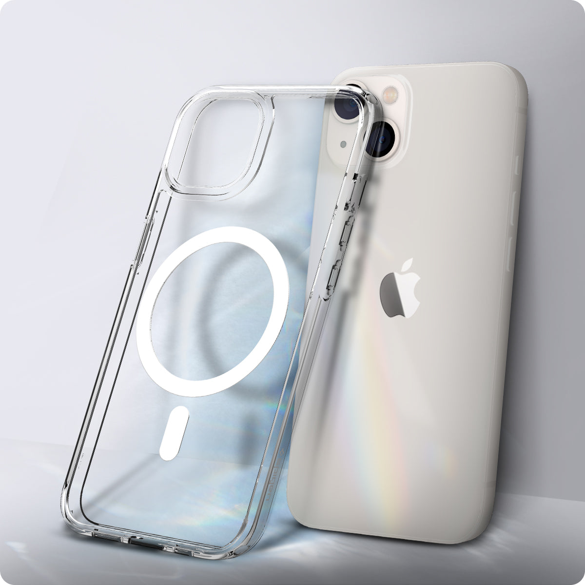 ACS03528 - iPhone 13 Case Ultra Hybrid Mag Safe Compatible in white showing the back of the case leaning against the back of the device