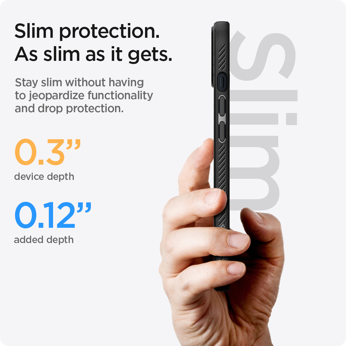 ACS03315 - iPhone 13 Mini Case Liquid Air in black showing the slim protection. Stay slim without having to jeopardize functionality and drop protection 0.3" device depth 0.12" added depth