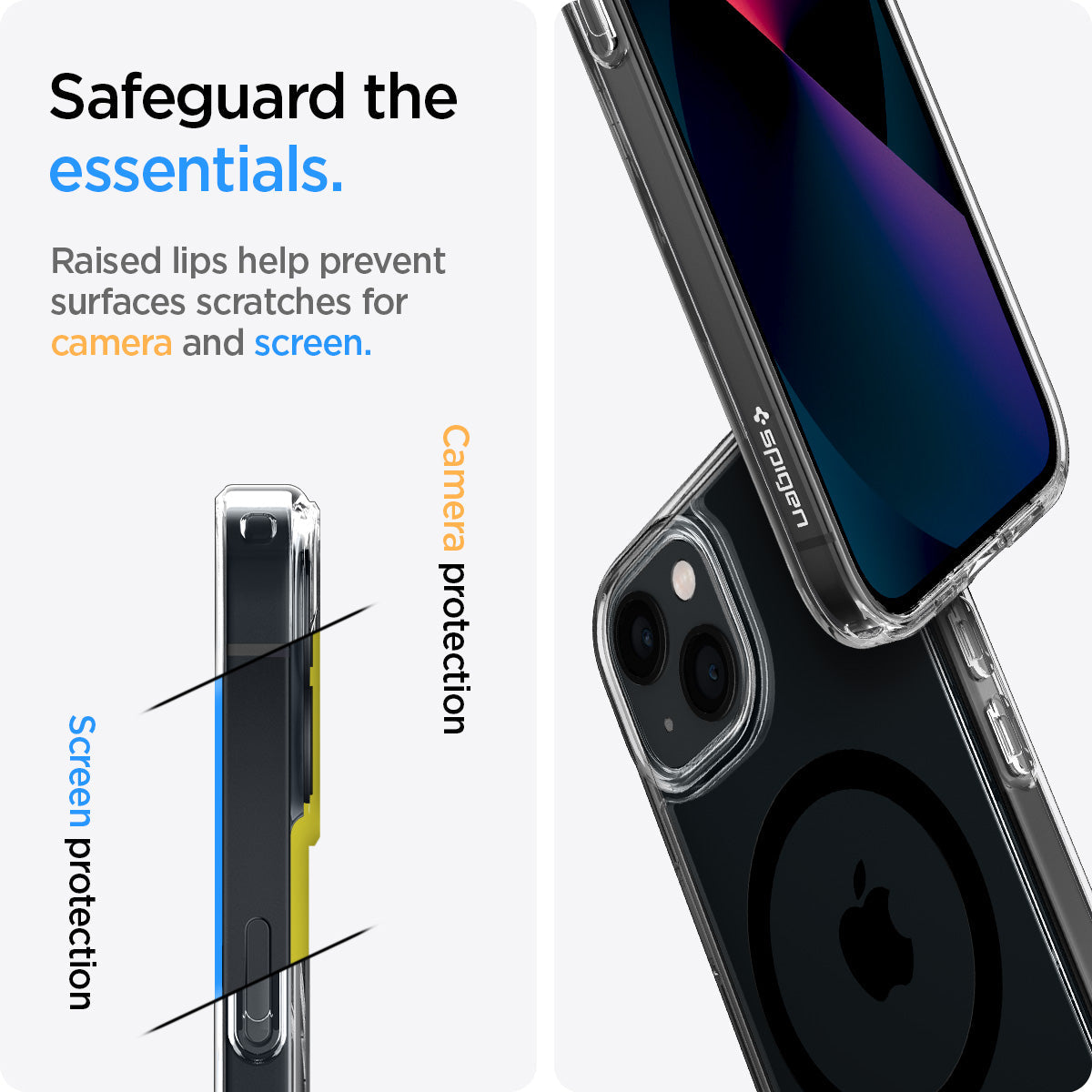 ACS03323 - iPhone 13 Mini Case Ultra Hybrid Mag Safe Compatible in black showing the raised lips help prevent surfaces scratches for camera and screen. Screen protection and camera protection