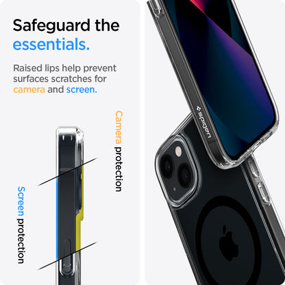 ACS03323 - iPhone 13 Mini Case Ultra Hybrid Mag Safe Compatible in black showing the raised lips help prevent surfaces scratches for camera and screen. Screen protection and camera protection