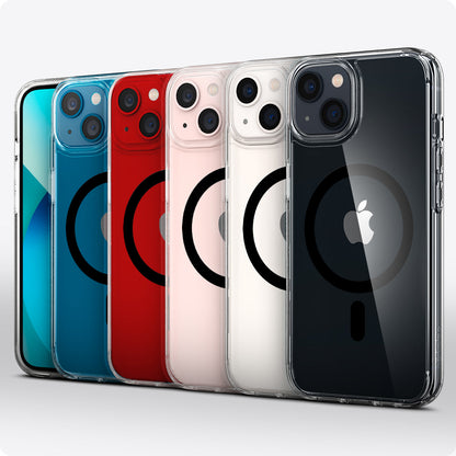 ACS03323 - iPhone 13 Mini Case Ultra Hybrid Mag Safe Compatible in black showing the multiple cases back and partial front showcasing different colors of the devices