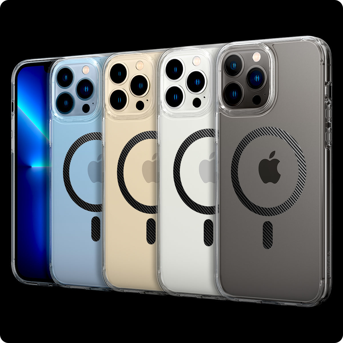 ACS04084 - iPhone 13 Pro Max Case Ultra Hybrid Mag (MagFit) in carbon fiber showing the multiple cases back and partial front showcasing different colors of the devices