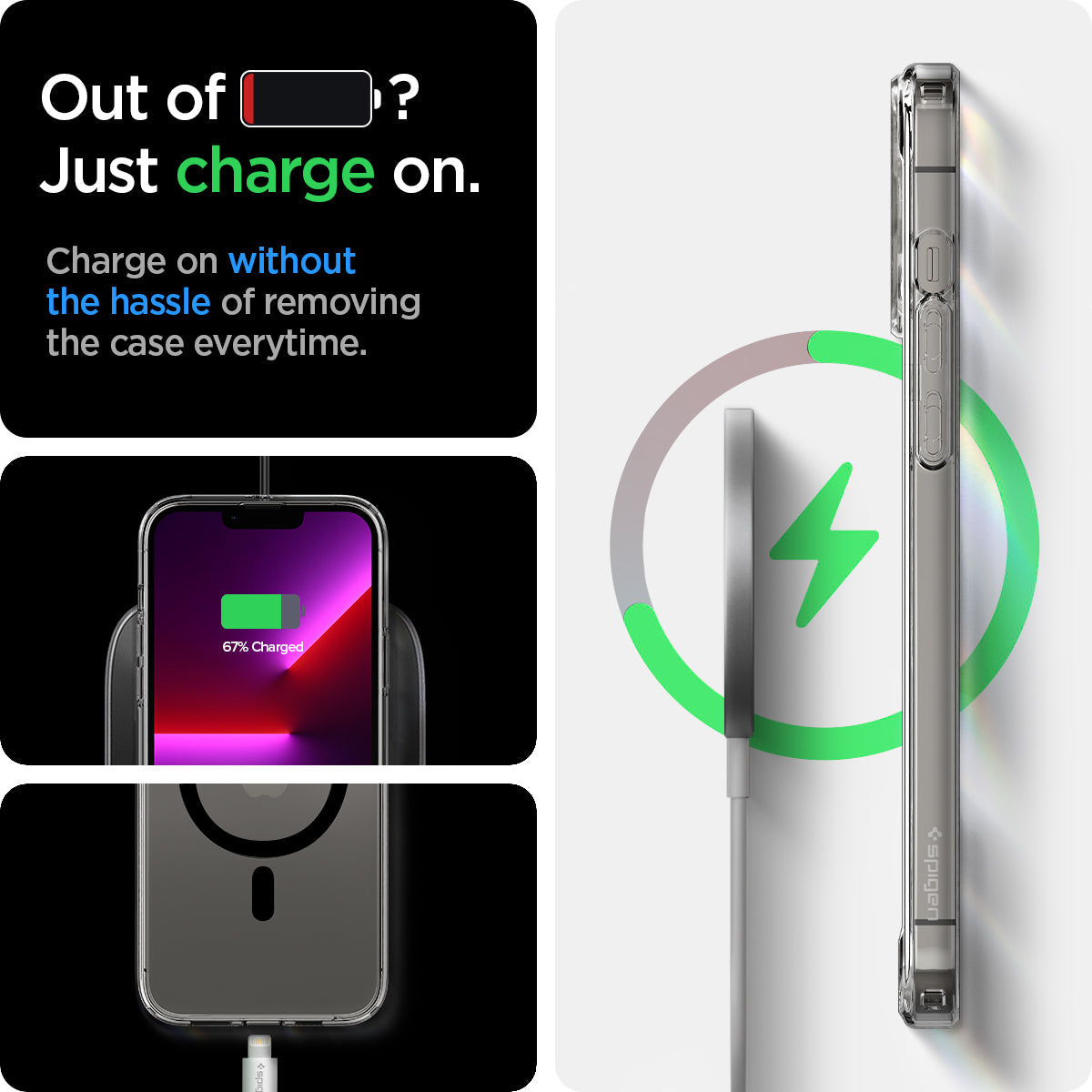ACS03268 - iPhone 13 Pro Case Ultra Hybrid Zero One (MagFit) showing charging on without the hassle of removing the case every time