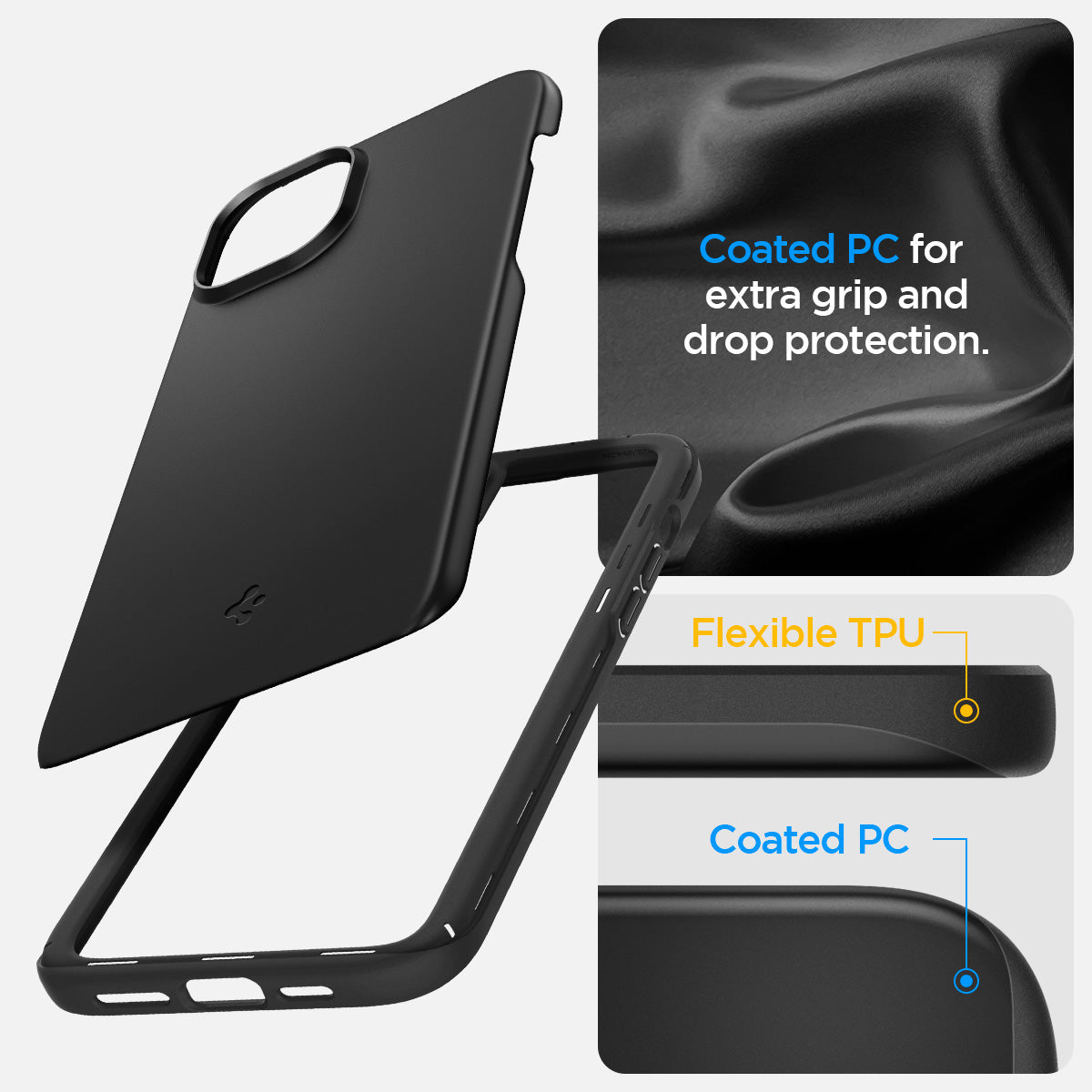 ACS06639 - iPhone 15 Plus Case Thin Fit in black coated PC for extra grip and drop protection. Flexible TPU, Coated PC.
