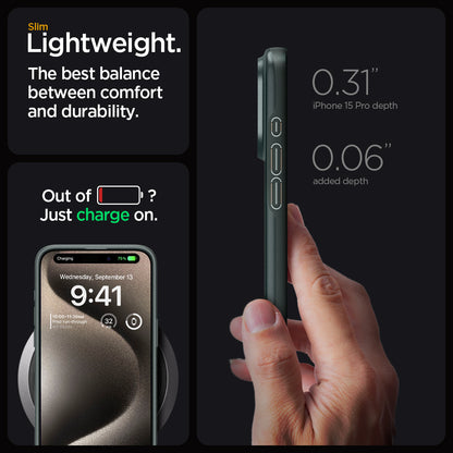 ACS06690 - iPhone 15 Pro Case Thin Fit in abyss green slim lightweight. the best balance between comfort and durability. Out of battery? Just charge on. 0.31" iPhone 15 max depth. 0.06" added depth.