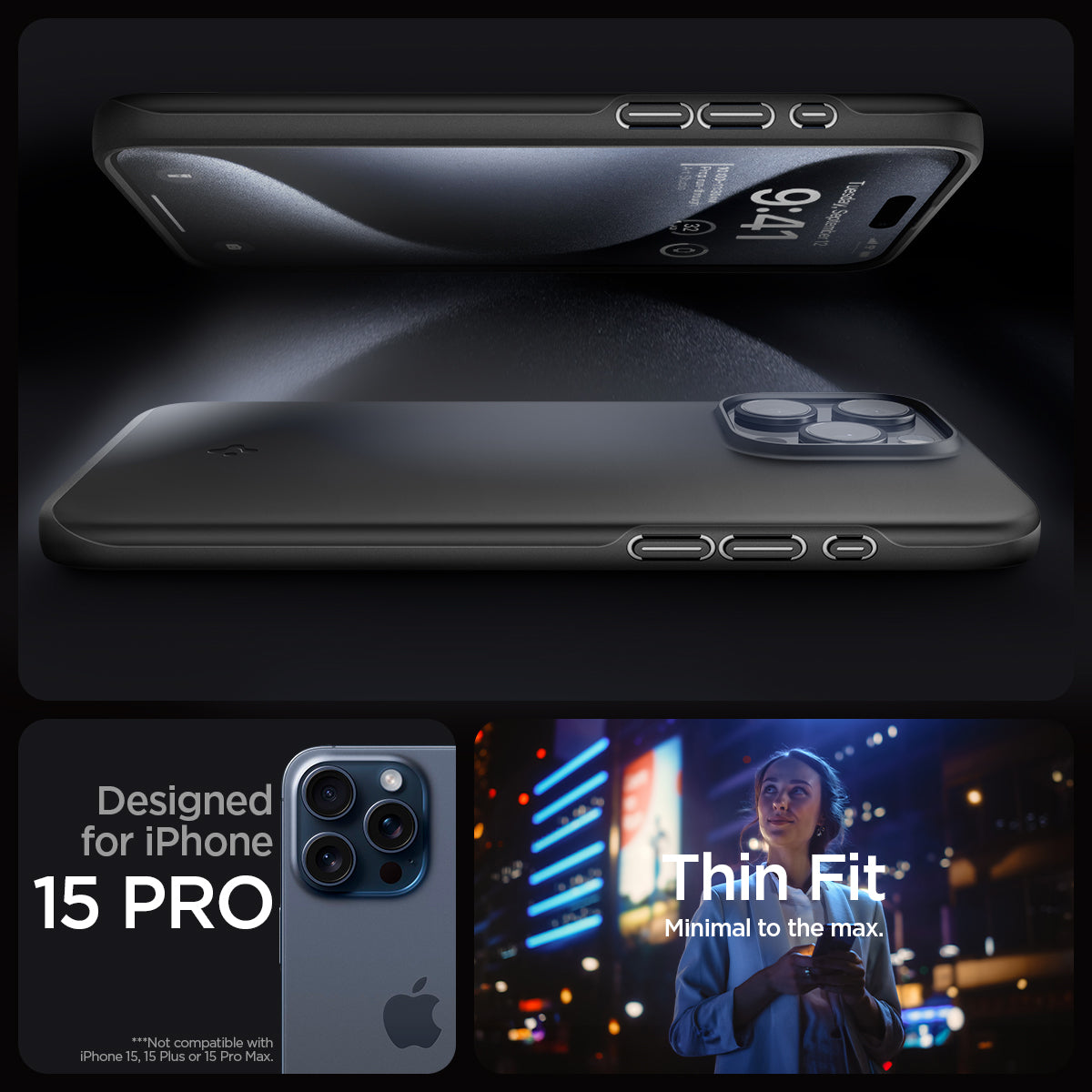 ACS06686 - iPhone 15 Pro Case Thin Fit in black designed for iPhone 15 pro. Thin fit. Minimal to the max.
