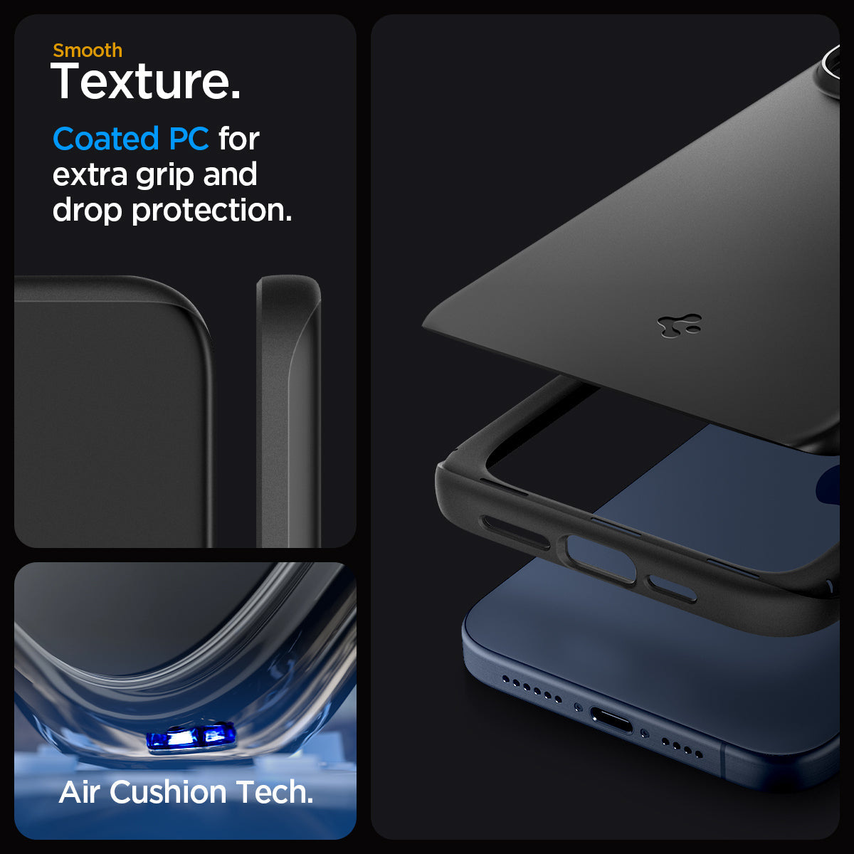 ACS06686 - iPhone 15 Pro Case Thin Fit in black smooth texture. Coated PC for extra grip and drop protection. Aircushion tech.