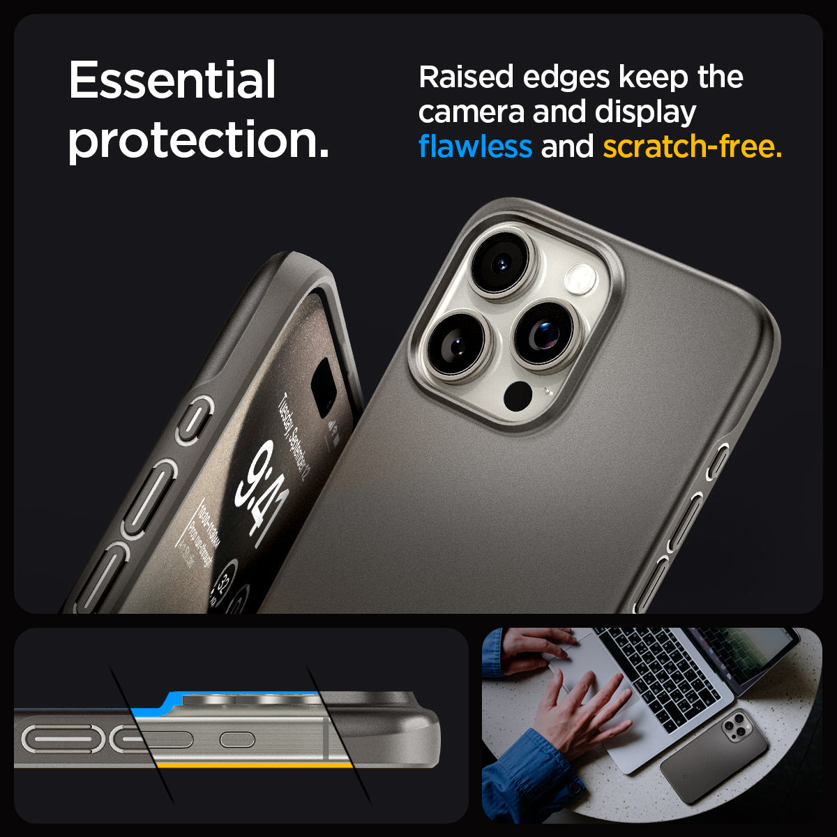 ACS06687 - iPhone 15 Pro Case Thin Fit in gunmetal essential protection. Raised edges keep the camera and display flawless and scratch free.