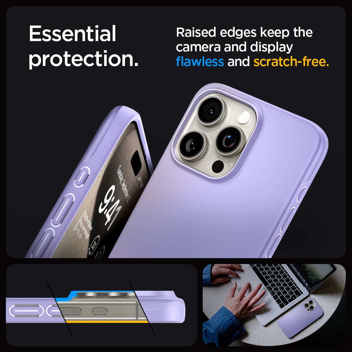 ACS06692 - iPhone 15 Pro Case Thin Fit in iris purple essential protection. Raised edges keep the camera and display flawless and scratch free.