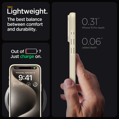 ACS06694 - iPhone 15 Pro Case Thin Fit in mute beige slim lightweight. the best balance between comfort and durability. Out of battery? Just charge on. 0.31" iPhone 15 max depth. 0.06" added depth.
