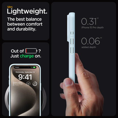 ACS06693 - iPhone 15 Pro Case Thin Fit in mute blue slim lightweight. the best balance between comfort and durability. Out of battery? Just charge on. 0.31" iPhone 15 max depth. 0.06" added depth.