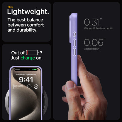 ACS06549 - iPhone 15 Pro Max Case Thin Fit in iris purple slim lightweight. the best balance between comfort and durability. Out of battery? Just charge on. 0.31" iPhone 15 max depth. 0.06" added depth.