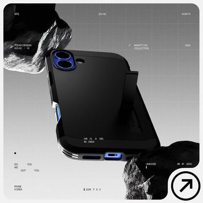 ACS08085 - iPhone 16 Plus Case Tough Armor AI (MagFit) in Black has tough design and showing between the rock.