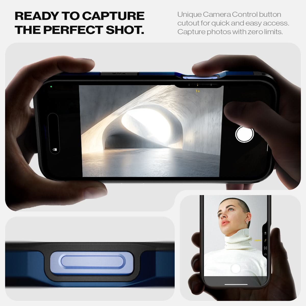 ACS08086 - iPhone 16 Plus Case Tough Armor AI (MagFit) in Navy Blue ready to capture the perfect shot. Unique camera a control button cutout for quick and easy access capture photos with zero limits.