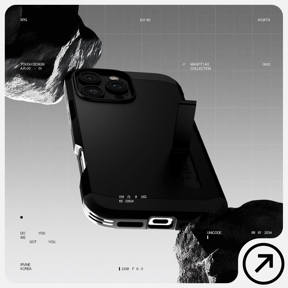 ACS08013 - iPhone 16 Pro Max Case Tough Armor AI (MagFit) in Black has tough design and showing between the rock.