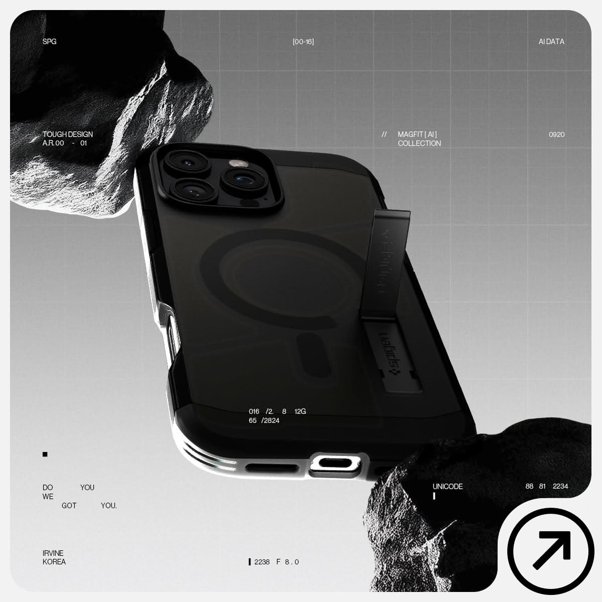 ACS08509 - iPhone 16 Pro Case Tough Armor AI (MagFit) in Frost Black has tough design and showing between the rock.